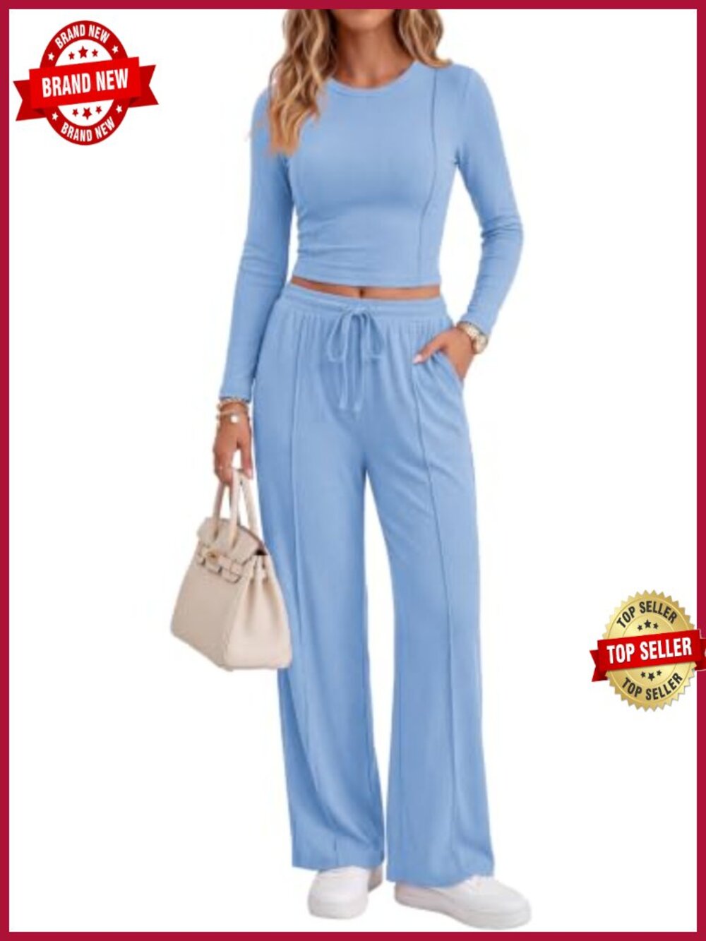 Womens 2 Piece Lounge Set Long Sleeve Crop Top Wide Leg Drawstring Pants